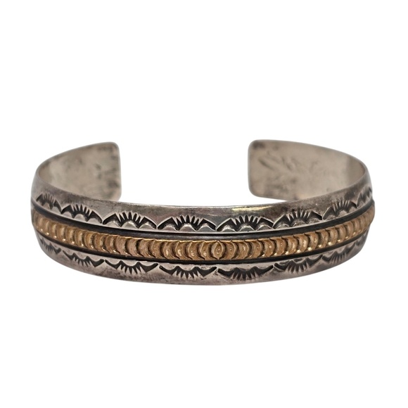 Native American Signed R Sterling Silver Gold Accent Stamped Cuff Bracelet 20838 - Picture 2 of 10